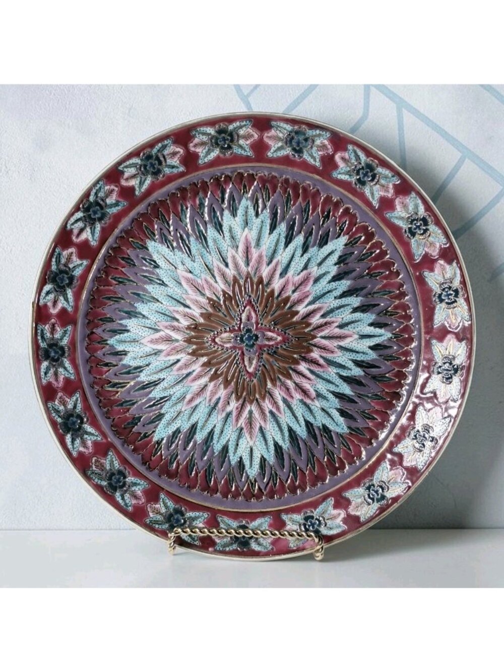 Vintage Toyo Floral Asian Decorative Plate 10.5" Handpainted Gold Trim Feathers